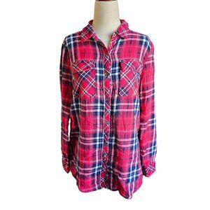 RuffHewn Flannel Shirt Womens Small Red Plaid Button Up Tartan Contrast Yoke
